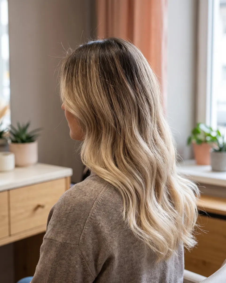 Balayage mit dunklem Ansatz und beigeblonden Längen, seitlich von hinten am Fenster