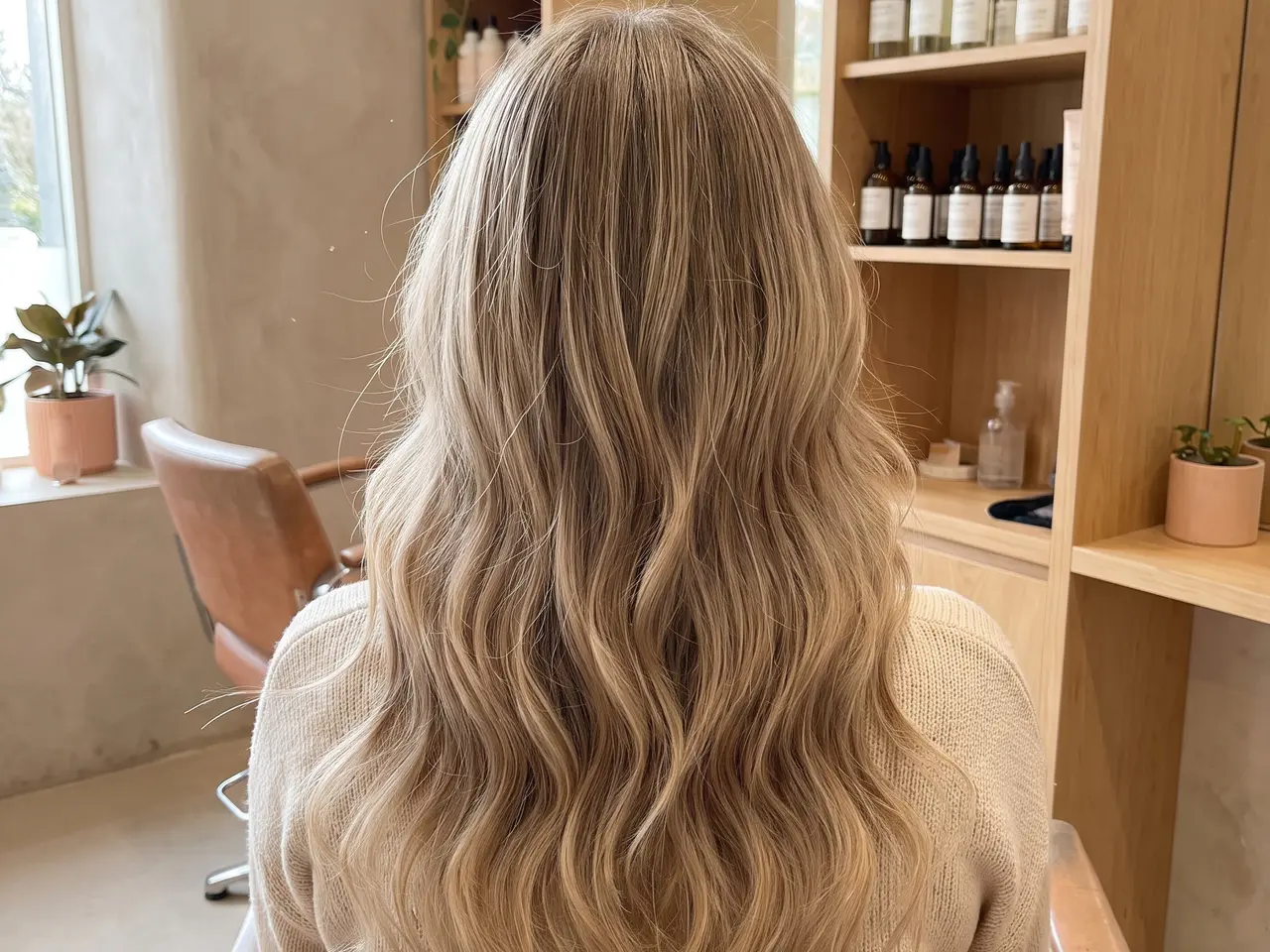 Lange Wellen in Beigeblond von hinten, die Kundin auf einem Lederstuhl vor dem Regal