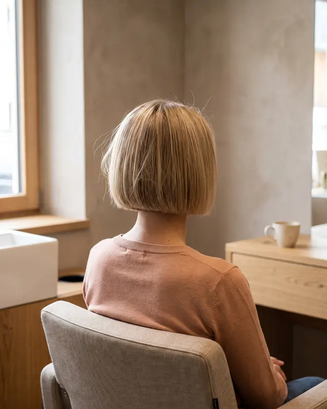 Kinnlanger blonder Bob von hinten, die Kundin im lachsfarbenen Pullover