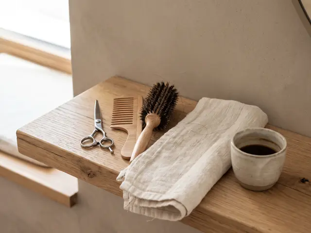 Schere, Kamm, Rundbürste, Leinentuch und eine Tasse Kaffee auf einem Holzbrett