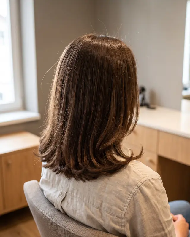 Schulterlanges schokobraunes Haar von hinten auf dem Frisierstuhl