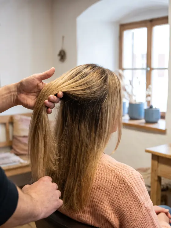 Zwei Hände heben eine Strähne honigblondes Haar mit dunklerem Ansatz an