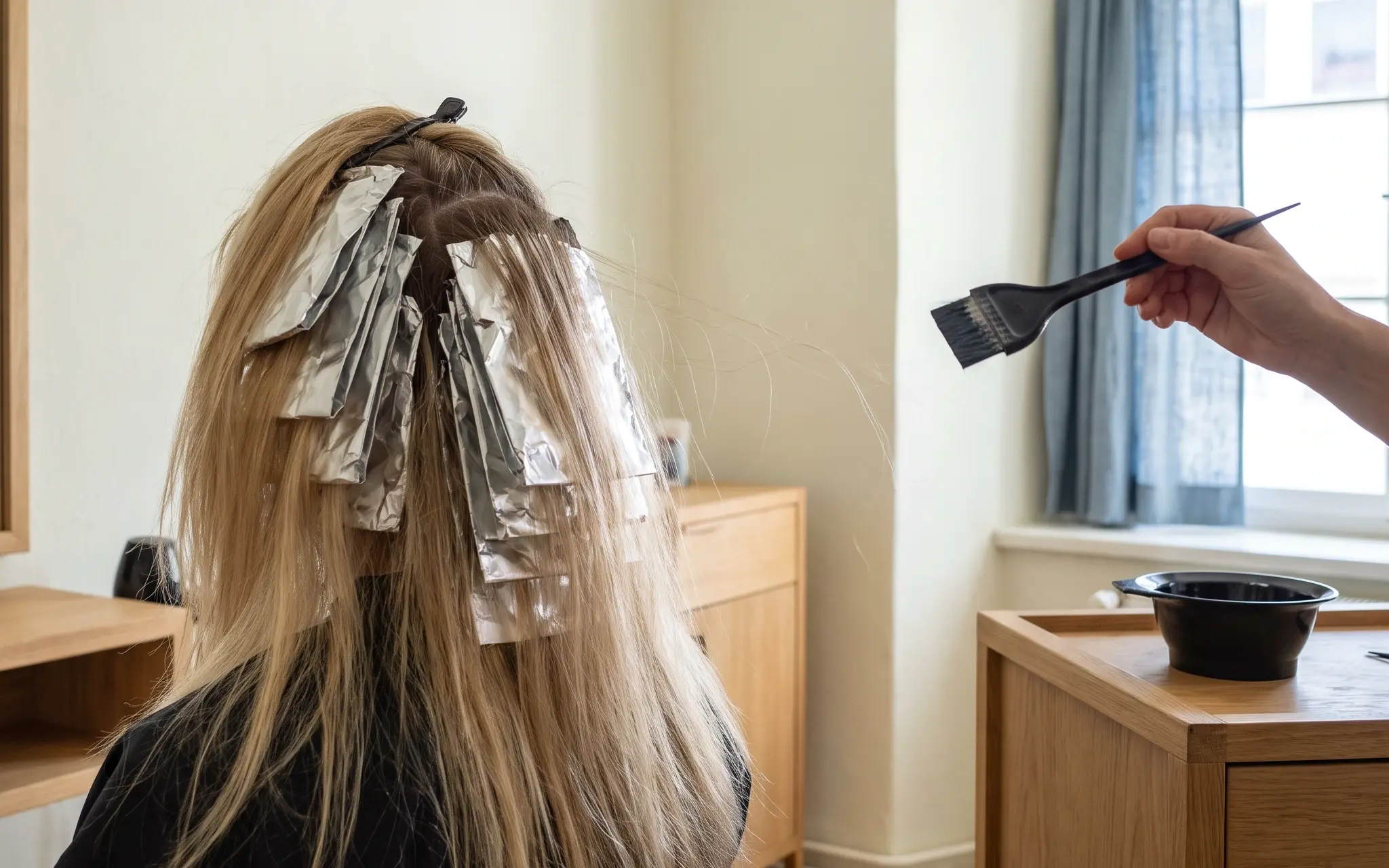 Kundin von hinten mit Alufolien im blonden Haar, eine Hand hält den Färbepinsel, daneben die Farbschale